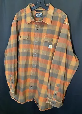 Carhartt Loose Fit Orange Brown Heavy Cotton Flannel Button Shirt Work Farm 3XL • $29.99