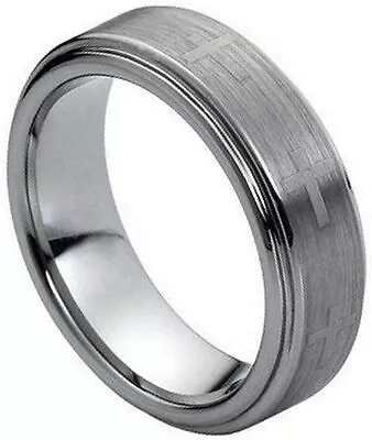 7mm Tungsten Carbide Stepped Edge Brushed Center With Cross Wedding Band Ring • $33.60