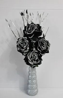 £14.99 • Buy Handmade Artificial Silk Black - Silver Glitter Flowers In Silver Glitter Vase