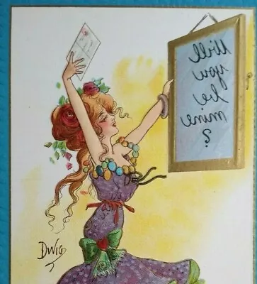 Victorian Postcard Witch Magic Wall Mirror Dwig Series 30 Will You Be Mine ? • $26.35
