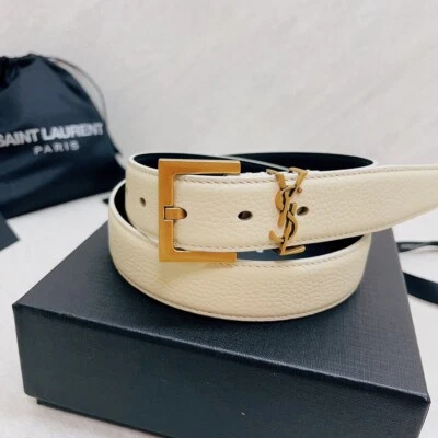 $119.99 • Buy Saint Laurent Gold YSL Logo Buckle White Grain Leather Women Belt 3.0CM