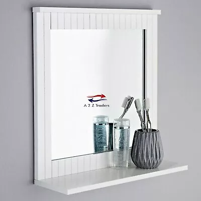 Mirror Wood Framed Wall-Mounted Bathroom Mirror With Shelf Hanging Vanity White • £18.95