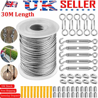 UK 30M Stainless Steel Wire Rope Cable Hooks Hanging Kit Garden Railing Roll • £17.78