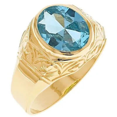 10k Or 14k Yellow Gold Majestic Simulated March Birth Month Mens Design Ring • $414.99