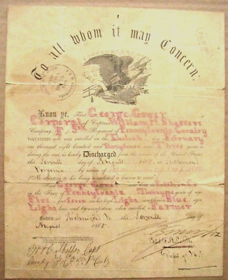 $145 • Buy 5th Pennsylvania Cavalry Civil War Sullivan County Soldier Discharge Virginia