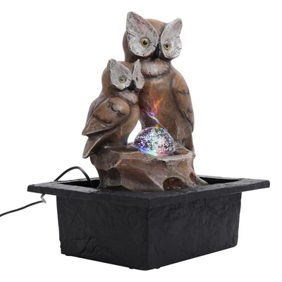 £19.95 • Buy Plug Mains Double Owl Water Feature LED Rotating Ball Garden Fountain Home Decor