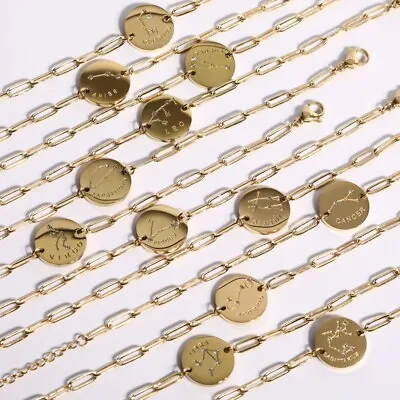 Women Vintage Zodiac Sign Charm 12 Constellations Round Coin Chain Bracelets 18K • $9.23