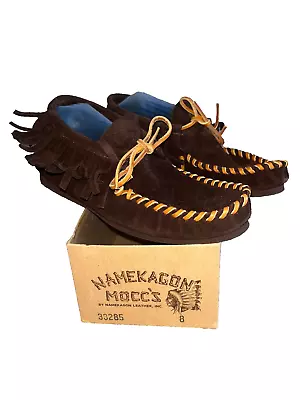 Women's Size 8 Namekagon Mocc's Brown Suede Leather Fringed Moccasins Hard Sole • $44.99