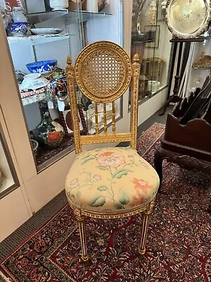 Antique French Style Gilt Cane Back Upholstered Seat Petite Vanity Chair • $395