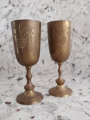 India Brass Wine Goblets Patina Elegant India VTG Pair Hand Etched Staging Decor • $7.50