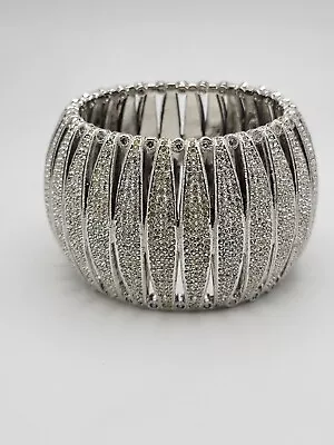 Nadri Silver Tone Pave Clear Crystals Wide Hinged Bracelet • $129