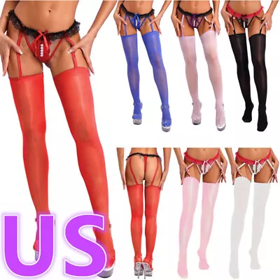 US Women Glossy Suspender Pantyhose Shiny Stockings With Garter Belt Stockings  • $5.99