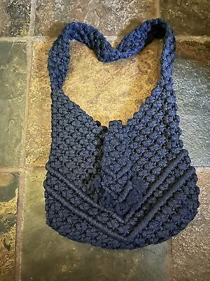 Vintage Blue Crochet Macrame 60s 70s Bag Hand Made Hobo Purse Hippie Lined • $19.99