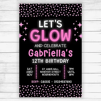 Neon Glow Party Invitations - Pack Of 10 - Disco Dance Pink - With Envelopes • £5.79