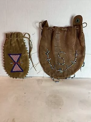 Vintage Beaded Leather Drawstring Pouch Indian Marble Medicine? • $84.50