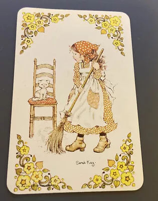 $2.45 • Buy Vintage 1970's Swap Card , SARAH KAY, Floral Border, Girl With Cat Sweeping