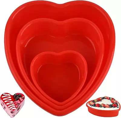 3 Pieces Silicone Heart Cake Pans Red Heart Shaped Cake Mold Nonstick Heart Baki • $27.63