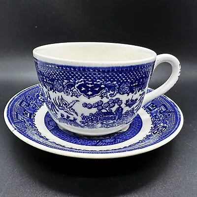 1949 Vintage Homer Laughlin Blue Willow Tea Cup Saucer Set Coffee Ceramic White • $9