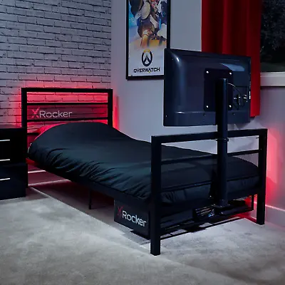 X ROCKER Basecamp Single 3ft Gaming Bed Frame TV Mount Metal Storage Shelf BLACK • £169.99