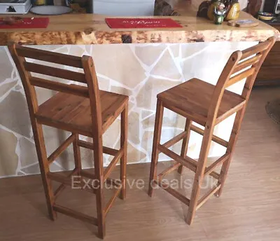 Solid Wood Bar Stools Kitchen Breakfast Pub Vintage Rustic Chair Seat Set Wooden • £114.80