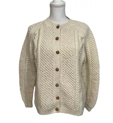 Vintage Handmade Chunky Knit Irish Wool Fisherman Cardigan Sweater Women Large • £33.75