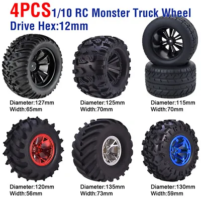 4PCS 12mm Hub Wheels Tires 1:10 Off Road RC Car Monster Truck Tire Foam Inserts • $29.07