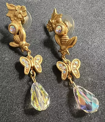 Vintage Kirks Folly Bees Butterfly Pierced Dangle Earrings Aurora Borealis New • $27.99