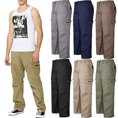 Mens Elasticated Waist Trousers Cargo Combat Multi Pockets Work Rugby Pants New • £14.99