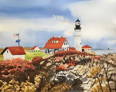 Maine Lighthouse 2 Original Watercolor Painting Signed Art 20x16 Inches • $229.98