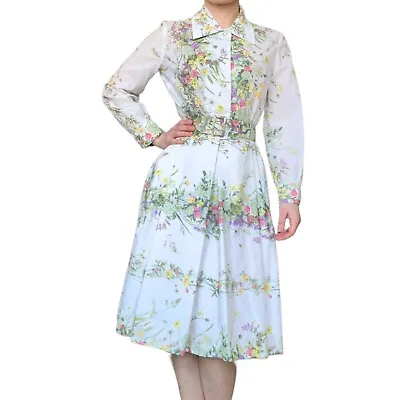 Vintage 1950s B. Altman David Crystal White Floral Cotton Shirt Dress XS/S • $149.99