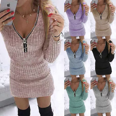 £15.99 • Buy Womens Basic Zipper Fitted Knitted Bodycon Sweater Tunic Ladies Wrap Mini Dress