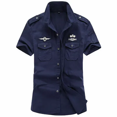 Military Mens Shirts Tactical Short Sleeve Bomber Shirts Army Casual Pilot Shirt • £13.02