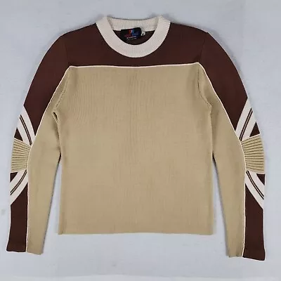 Vintage Mens Sweater Small Brown Beige Retro Ski 70s Disco Knit Wool Casual 80s • $33