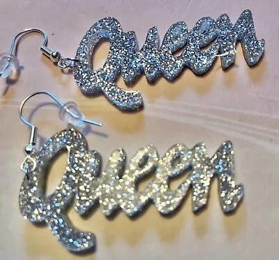 60s 70s Silver Glitter Acrylic QUEEN Symbol Drop Earrings LGBT GAY TRANSUnique • £3