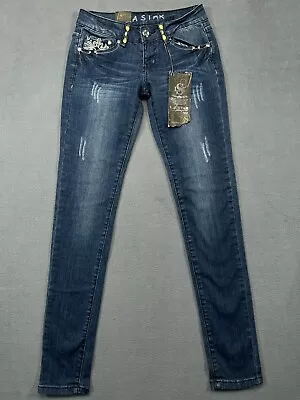 NWT LA STAR Miss Chic Jeans Y2K Size 1 Womens 28x31 Blue Embellish Bling Skinny • $20.99