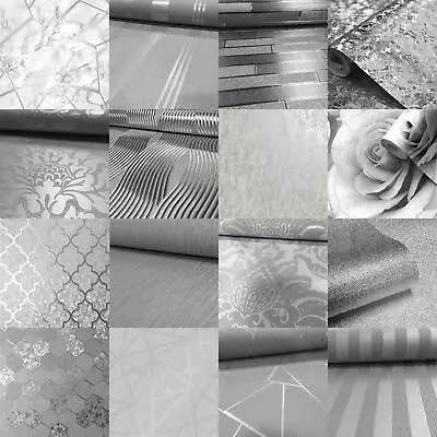 £17.99 • Buy Silver Grey Wallpaper Various Designs Luxury Glitter Metallic Modern Shiny