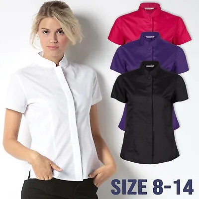 UK Ladies Womens Shirt Top Short Sleeve Work Office Formal Mandarin Collar 8-14 • £6.99