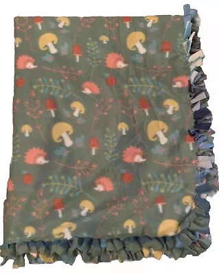 Hand Tied Micro Fleece Blanket REVERSIBLE 50 X 60 Mushrooms Stripes Fun • $25
