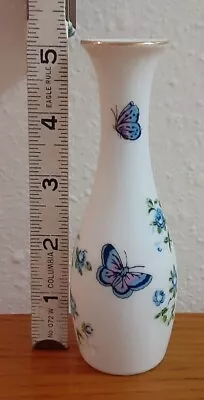 Vintage 5  Tall Porcelain Vase Marked Japan Blue Butterfly Rose Design Gold Rim • $12.45