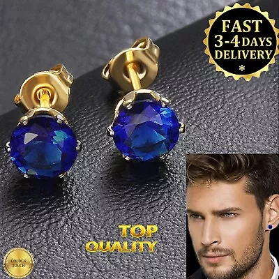 Mens Womens  Luxury Diamond Cut 6mm Blue Cz Austrian Crystal Stud Earrings Gift • £4.99