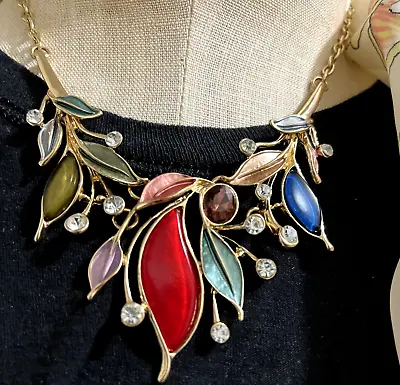 Vintage Necklace Red Blue Floral Enamel Set In Gold Plate With Rhinestones • $39.99