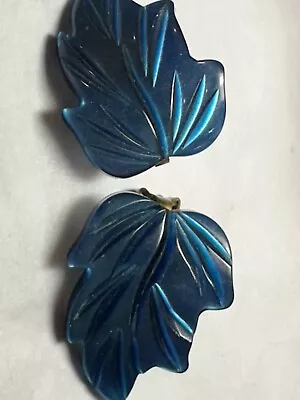 Vintage Blue Lucite Leaf Statement Clip On Earrings Gold Tone Jewelry • $9