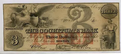 1853  $ 3    Boston Mass.  Cochituate Bank  **NICE **FREE SHIPPING L0082 • $95