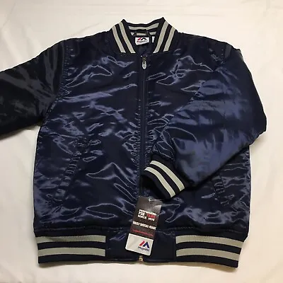 NEW Majestic Blank Navy Blue Insulated Satin Varsity Jacket Womens Medium Vtg  • £30.82