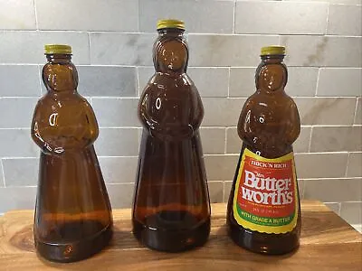 Vintage Mrs Butterworth Amber Glass Syrup Bottles 3 Piece Lot (1) 36oz (2) 24oz • $40