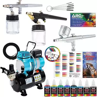 3 Master Airbrush Pro Air Compressor Kit 6 Primary Colors Acrylic Paint Set • $178.99