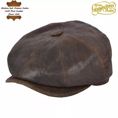 Vintage Newsboy Cap Cracked Leather 100% Sheepskin Baker Boy Classic Gatsby Hat • £29.65