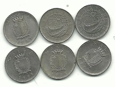 Higher Grade Lot 6 Malta 10 Cents Coins-(2)19861991(2)19921995-feb122 • $4.33