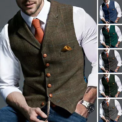 Mens Tweed Lapel Vest Jacket Herringbone Waistcoat Casual Formal Sleeveless Tops • $44.97