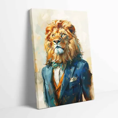 Lion In Blue Suit Portrait Art Animal Stretched Canvas Or Unframed Poster Art • £12.99